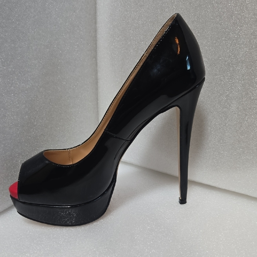 Marumote 6" SHINEY BLACK STILETTOS W/ RED PEEP VALENTINE'S  DIVA 9.5 - Picture 13 of 17